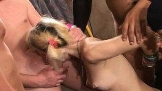 Pigtailed blonde nympho with tiny boobs Morgana pleasing a few cocks