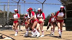 Team of sexy girl with fantastically tasty asses play in baseball